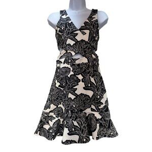 Express Womens Cutout Sexy Fit & Flare Dress Sze XS Black White Floral City Y2K